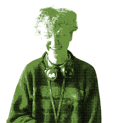 A dithered selfie of Oliver. His eyes are closed, he's wearing a scarf and headphones and is giving a thumbs up.